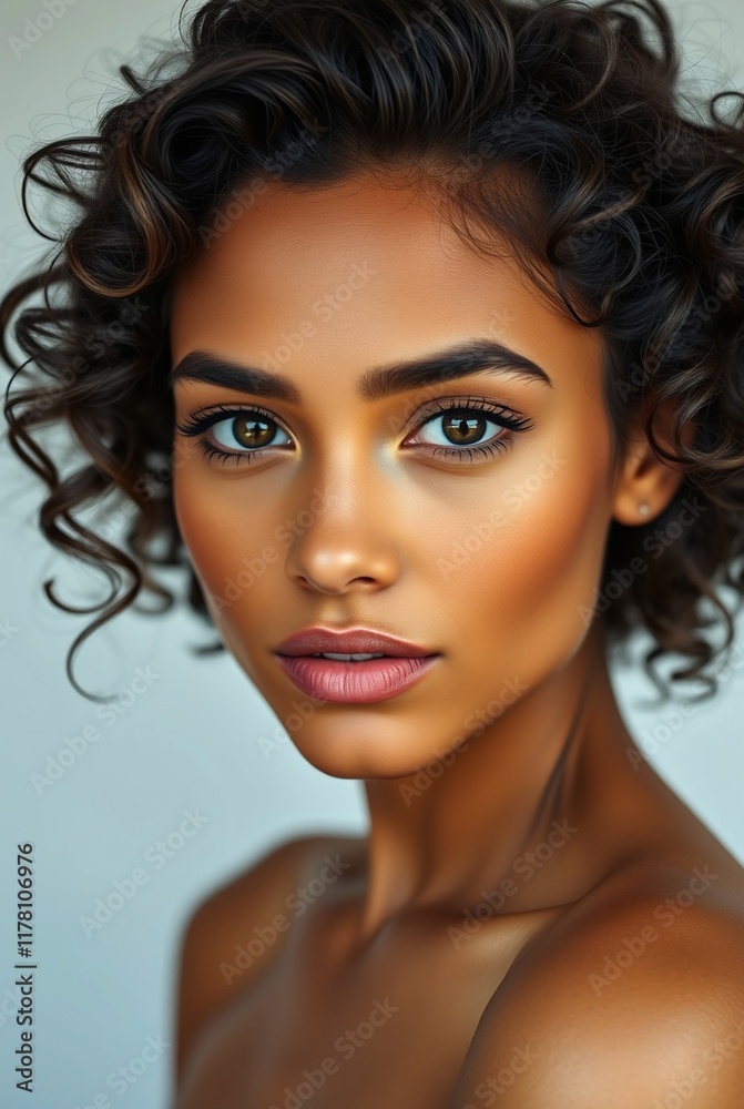Naklejka premium Close-Up Portrait of a Young Woman with Curly Hair and Natural Makeup