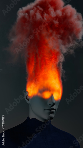 Conceptual representation of a burning head with vivid flames photo