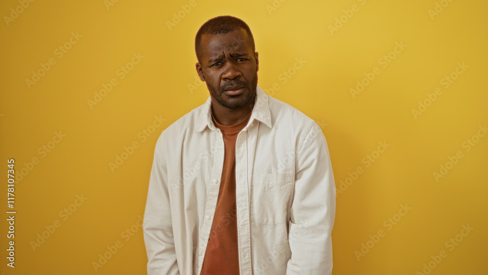 Obraz premium Young black man with serious expression over isolated yellow background, showcasing an attractive and handsome adult presence in a vibrant setting.