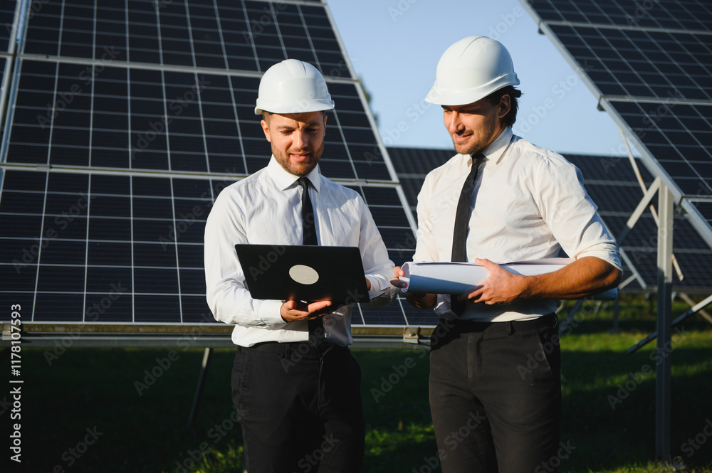 The solar farm, solar panel with two engineers walk to check the operation of the system, Alternative energy to conserve the world's energy, Photovoltaic module idea for clean energy production The solar farm, solar panel with two engineers walk to check the operation of the system, Alternative energy to conserve the world's energy, Photovoltaic module idea for clean energy production