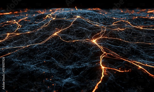 Glowing veins of energy flow across a dark, abstract landscape, ideal for technology or science visuals.