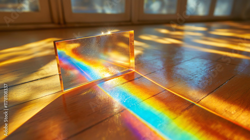 A macro photograph of a glass prism, capturing the refraction of light into vivid rainbow colors, creating a stunning spectrum of hues photo