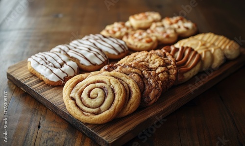 A delicious assortment of cinnamon roll cookies arranged on a rustic wooden plank, ready to be savored.