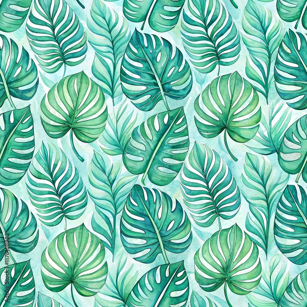 Fototapeta premium Seamless Watercolor Pattern Illustration of Tropical Leaves in Soft Greens and Blues. Perfect for Summer Invitations, Eco-Friendly Branding, and Nature-Inspired Design Projects.