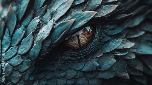 Close-Up of Dragon Skin and Dragon Eye with Textured Scales and Mystical Detail