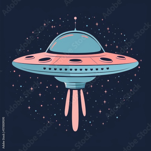 Ufo logo icon on dark background, starship flying saucer illustration
