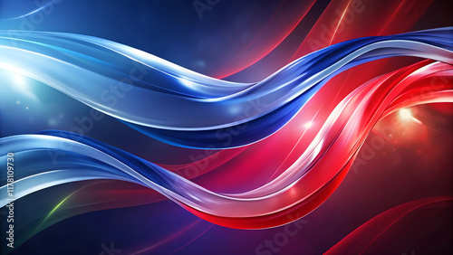 Abstract patriotic background featuring flowing red, white, and blue ribbons with light effects, symbolizing American pride and ideal for celebratory, political, or national-themed designs.