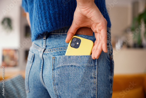 Anonymous woman putting smartphone into back pocket of jeans