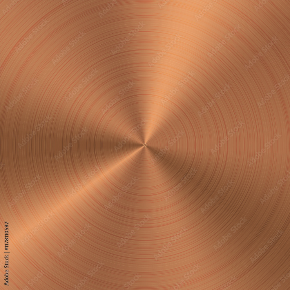 Bronze color effect holographic radial metal finish. Circle gradient of brushed copper surface texture. Brown disk structure gradation background. Circular scratched foil plate. Solid polished sheet