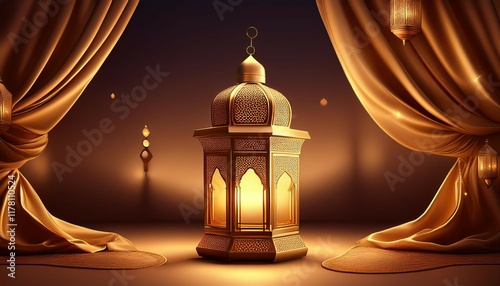 ramadan kareem celebration lamp lantern silk drape curtain realistic 3d illustration arabic islam culture festival decoration religious fanoos glowing background