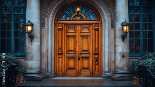 Elegant Wooden Doorway with Ornate Stonework and Lanterns