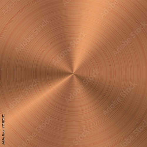 Bronze color effect holographic radial metal finish. Circle gradient of brushed copper surface texture. Brown disk structure gradation background. Circular scratched foil plate. Solid polished sheet