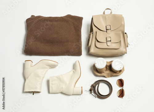 Stylish outfit with backpack on white background, flat lay photo