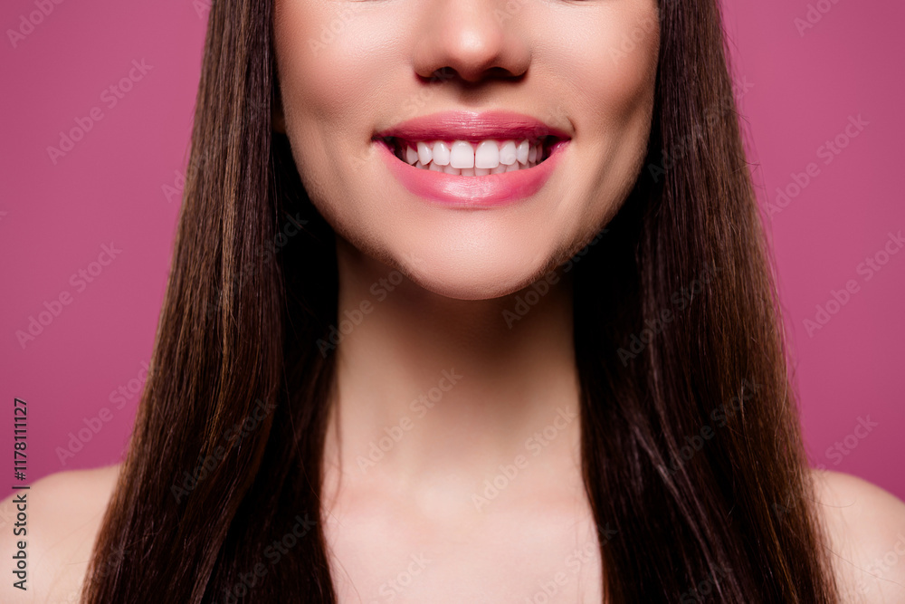 Cropped photo of stunning lady nude shoulders smiling showing teeth whitening result isolated pink color background Cropped photo of stunning lady nude shoulders smiling showing teeth whitening result isolated pink color background