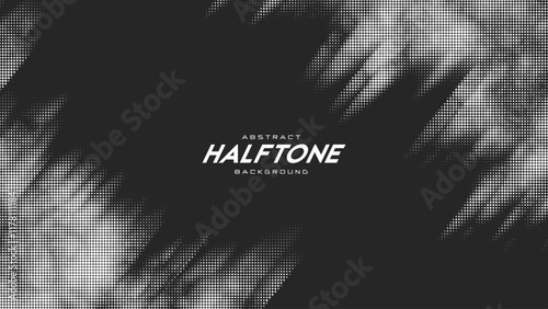 Abstract vector torn monochrome halftone background. Scrathed dotted texture element. Diagonal composition