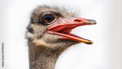 close up of an ostrich with its mouth open isolated on a pure white background transparent