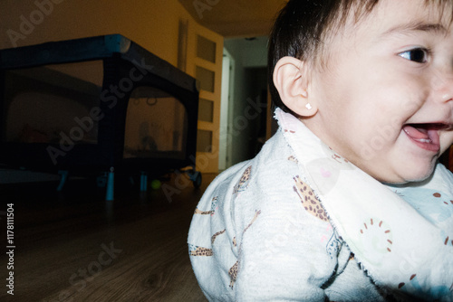 UGC Girl crawling and smiling at home photo