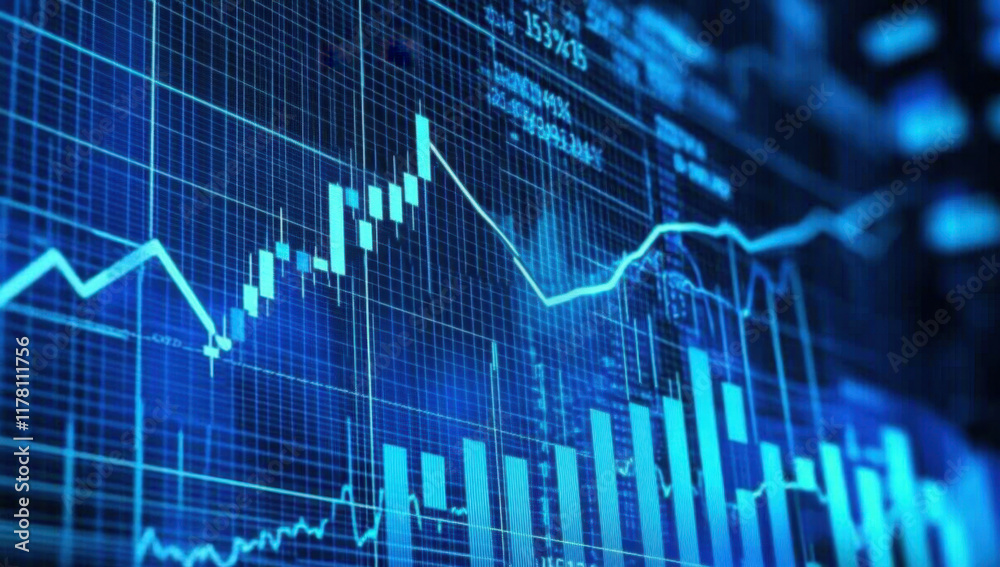 Blue backdrop with financial bar chart, uptrend line, and widescreen abstract stock market graph.
Blue backdrop with financial bar chart, uptrend line, and widescreen abstract stock market graph.