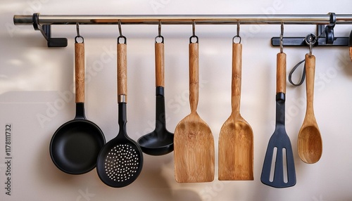 wooden and black plastic kitchen utensils elegantly displayed on a metal rail enhance culinary creativity in modern kitchens