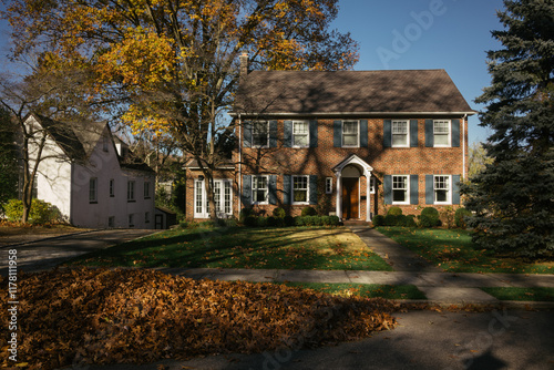 Brick Colonial House in Autumn, New York, USA