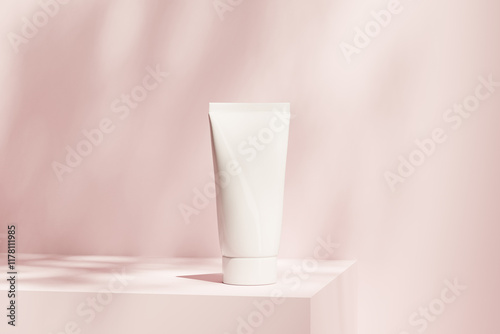 Face / hand cream on pink podium. Skin care mockup. 