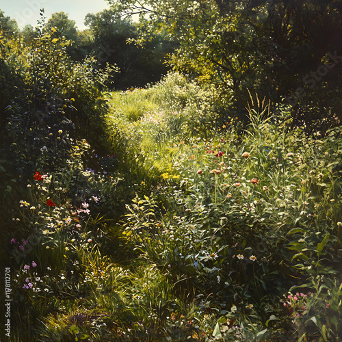 Biodiverse Hedgerow: A Sanctuary of Interwoven Flora and Fauna Bridging Sweeping Fields photo