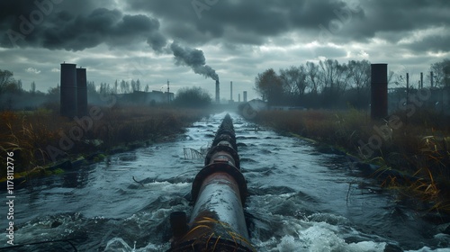 Industrial pipeline crossing polluted river near smoking factory chimneys photo