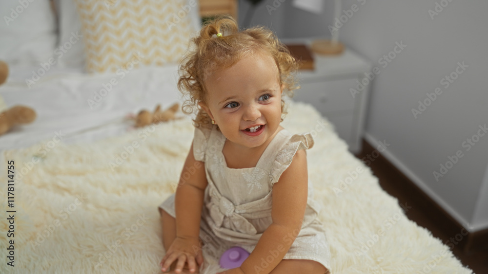 Adorable blonde toddler girl sitting on a cozy bed in a bedroom at home, showcasing her cute childhood moments indoors. Adorable blonde toddler girl sitting on a cozy bed in a bedroom at home, showcasing her cute childhood moments indoors.