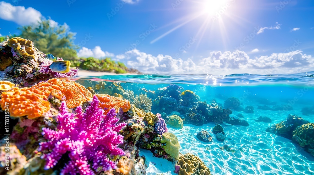 Fototapeta premium Vibrant coral reef teeming with life, shallow turquoise water, sunny beach.