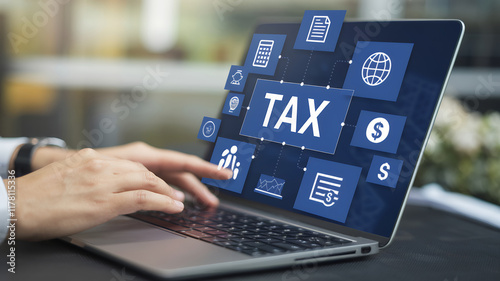 Businessman Using a Laptop to Complete Individual Income Tax Return Form Online for Tax Payment Efficiently and Securely