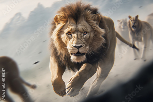 A lion is running with two other lions behind it