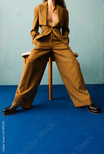 Stylish Person Wearing Modern Brown Suit with Blue Background