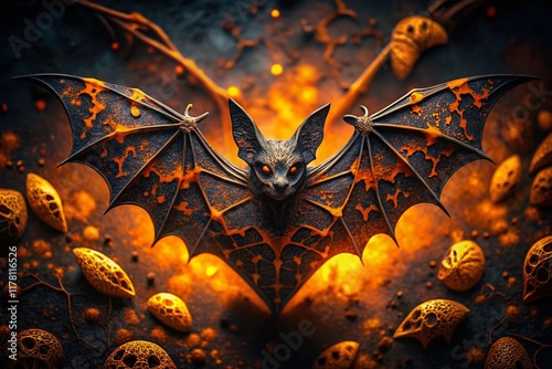 Spooky Halloween Bat Pattern: Orange & Black Abstract Design photo