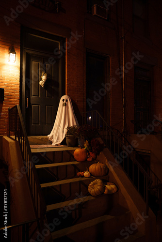 Halloween Ghost Decoration on Doorstep photo