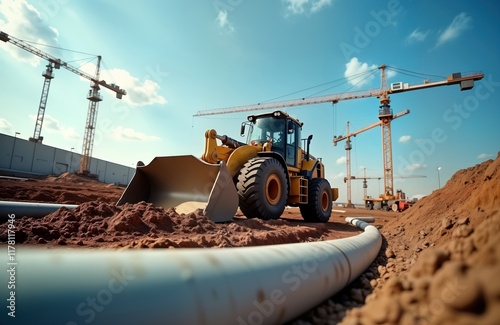 Yellow earthmover machine works on construction site under clear blue sky. Heavy equipment moves earth, prepares site for building. Modern construction machinery working on land excavation. photo