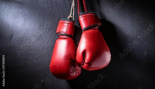 a pair of classic red boxing gloves hanging from a hook on a dark wall symbolizing strength sport and athleticism perfect for themes related to boxing fitness and motivation
