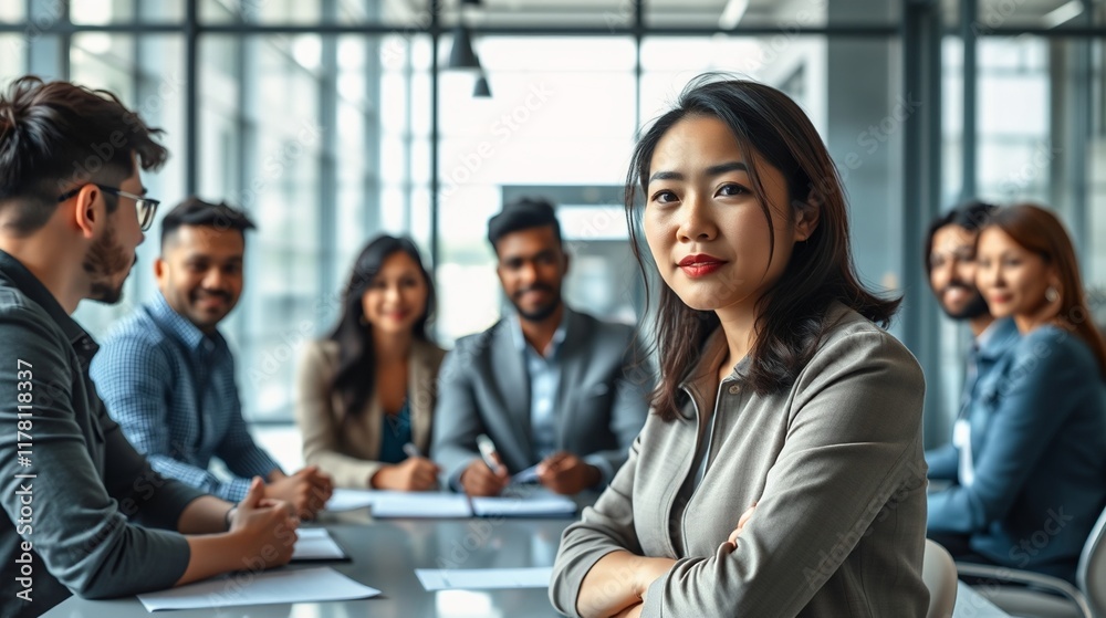 Fototapeta premium Confident Businesswoman Leading a Diverse Team Meeting in Modern Conference Room