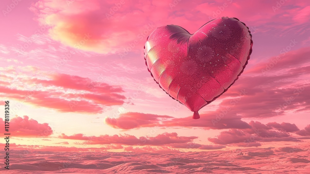 Fototapeta premium Happy Valentine's Day background Hearts Decorative Romantic Heart-shaped balloon floating in sunset sky.