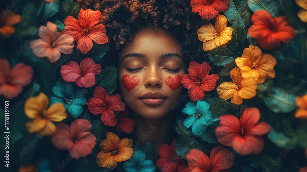 Φωτογραφία A serene depiction of a woman's contentment and harmony with nature amidst colorful flowers and delicate heart-shaped face art creates an enchanting visual narrative