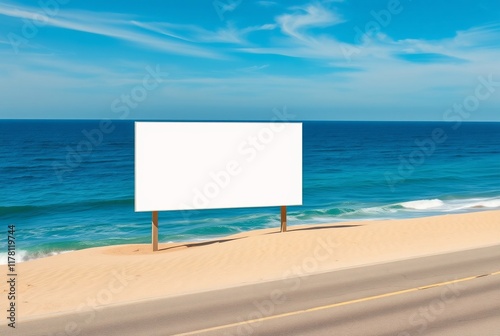 Empty Billboard on Sandy Beach with Ocean View and Clear Sky