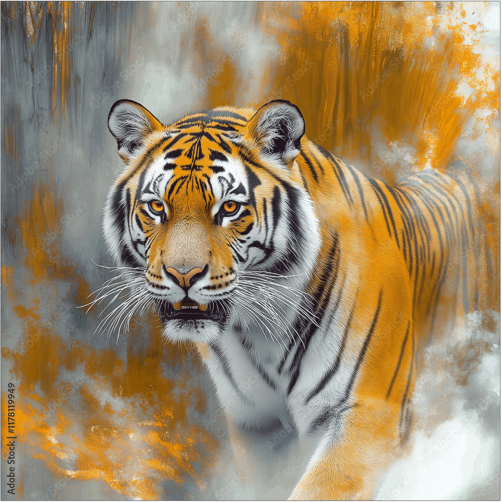 Obraz premium Majestic tiger walking through a misty forest with warm orange tones, copy space