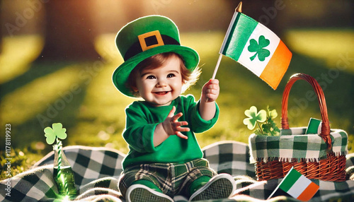 Adorable baby in a leprechaun costume with shamrocks and an Irish flag celebrating St. Patrick's Day