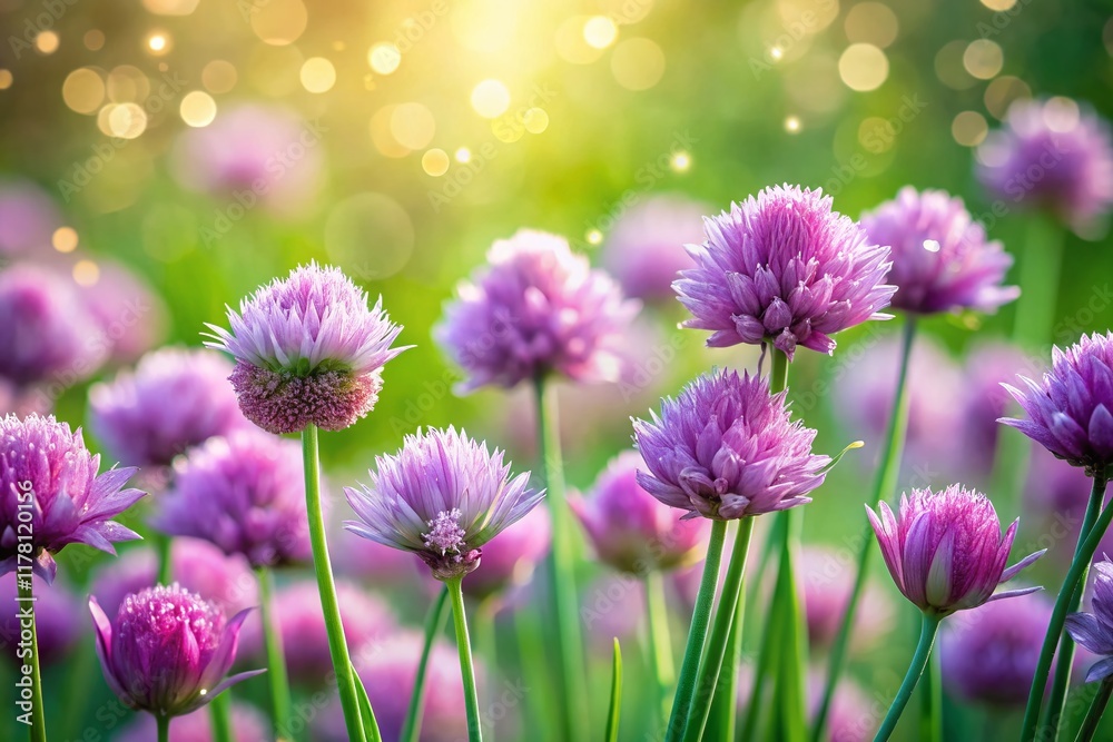 Fototapeta premium Springtime Allium Schoenoprasum Flowers, Blooming Chives, Soft Focus, Copy Space