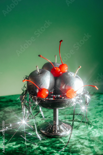 Decorative silver apple with red berry displayed on a vintage stand