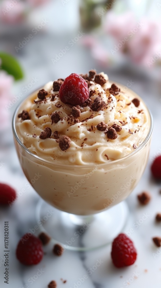 Luxurious Dessert Presentation Featuring Silky Mousse Topped with Fresh Raspberries and Rich Chocolate Shavings in an Elegant Glass Dish Luxurious Dessert Presentation Featuring Silky Mousse Topped with Fresh Raspberries and Rich Chocolate Shavings in an Elegant Glass Dish