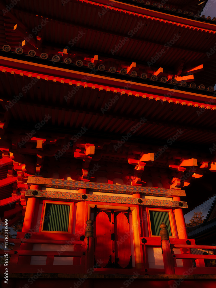 Traditional Japanese Pagoda Illuminated by Dramatic Sunset Light Traditional Japanese Pagoda Illuminated by Dramatic Sunset Light