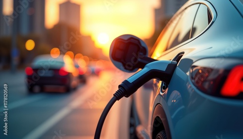 Hybrid electric car recharging at charging station in city at sunset. Modern tech eco friendly transportation concept. Electric car gets eco energy. Future eco friendly transportation. Innovative eco photo