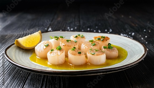 thinly sliced raw scallops drizzled with olive oil lemon juice and topped with sea salt and chives