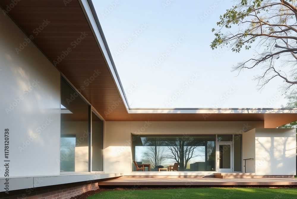 Fototapeta premium Modern Minimalist House with Expansive Windows and Outdoor Seating Area