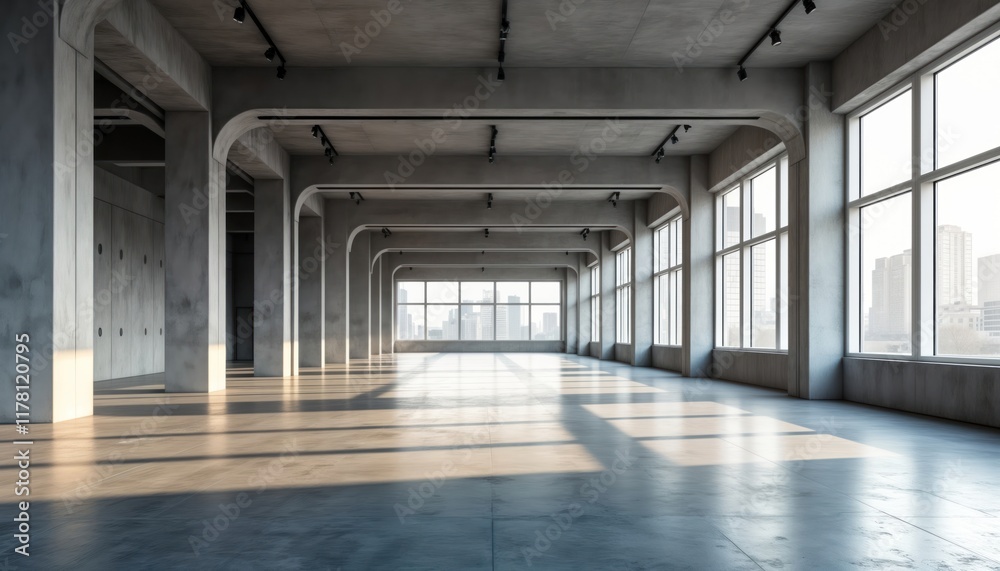 Naklejka premium Empty modern hall with big windows offering city view. Concrete walls, floor create industrial style. Spacious, bright interior with natural light. Suitable for commercial space display event